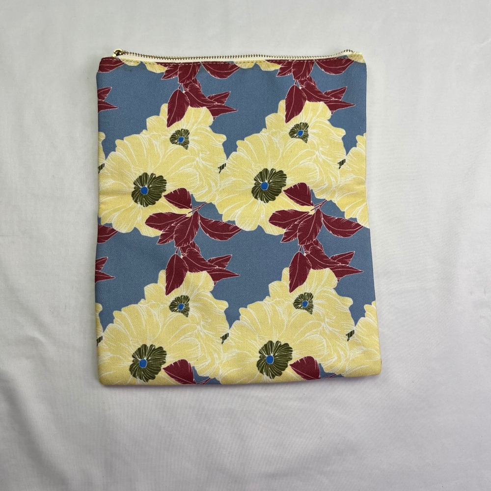 Rachel Pally Floral Clutch Blue Cream Yellow Large Canvas Faux Leather Zip Bag